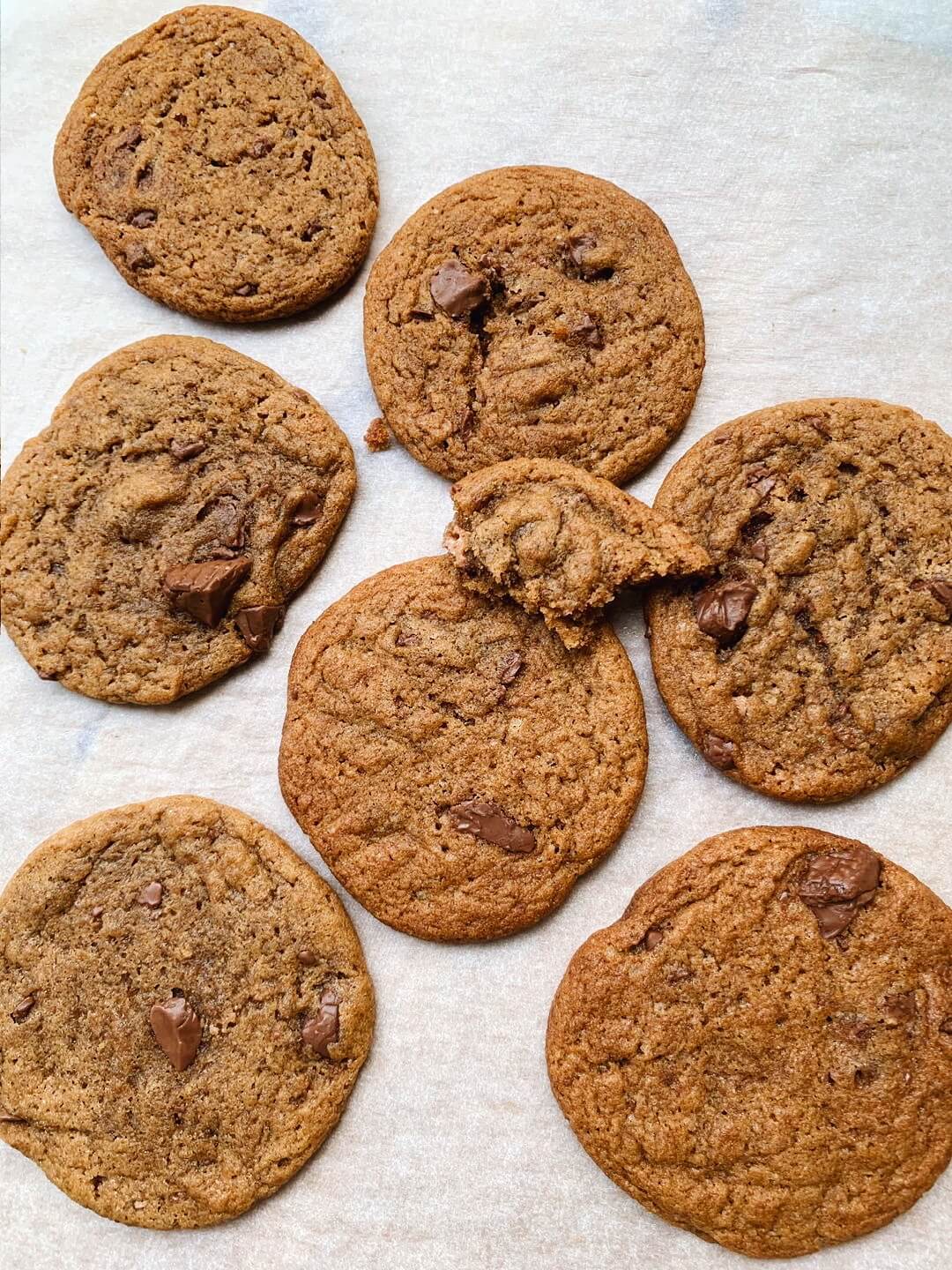 Chocolate Chip Cookies that are Vegan. Chewy, Crispy, Thin, and contain no coconut oils or vegan butter! A recipe by Heather of imheatherr.