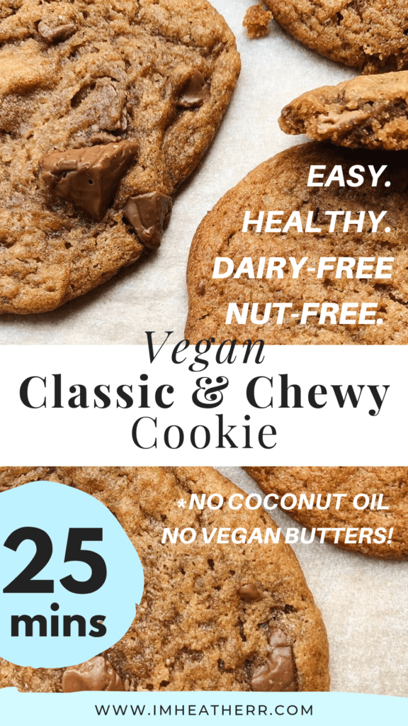 Chocolate Chip Cookies that are Vegan. Chewy, Crispy, Thin, and contain no coconut oils, no nuts, nor vegan butter! A recipe by Heather of imheatherr.