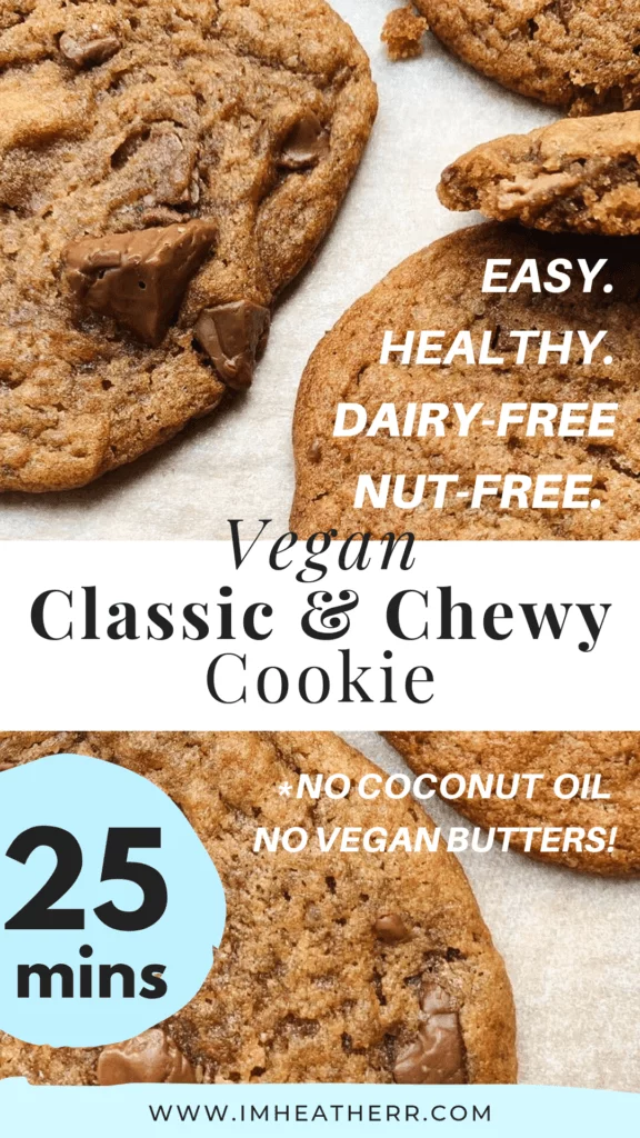 Chocolate Chip Cookies that are Vegan. Chewy, Crispy, Thin, and contain no coconut oils, no nuts, nor vegan butter! A recipe by Heather of imheatherr.