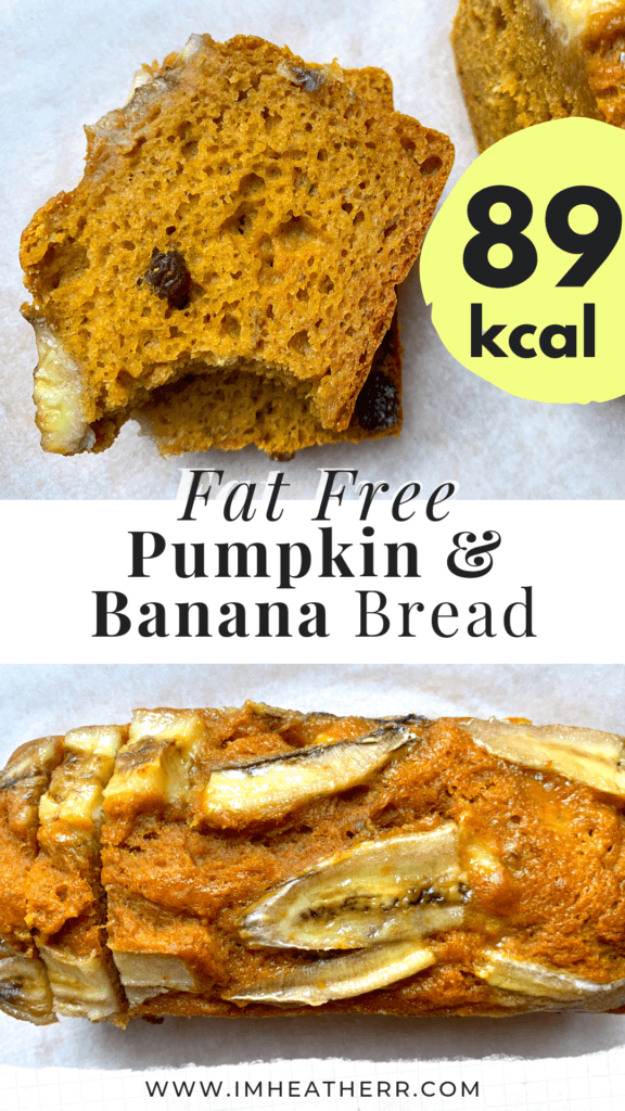 fat free pumpkin puree banana bread low fat, skinny, hearty and perfect for the fall. full of cozy autumn flavors and so low in calories! a must have for thanksgiving.