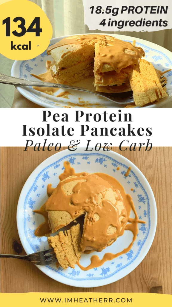 fluffy and thick pancakes that are low calorie and high protein pancakes made using pea protein isolate, topped with PB2 (a pinterest graphic)