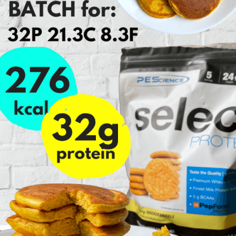 PEScience Select Protein Pumpkin Pancakes by imheatherr using Snickerdoodle flavour (276 calories, 32g protein); infographic 1 for Pinterest