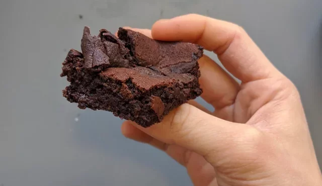 A 2 inch square piece of Boo's Ridiculous(ly low calorie) Brownie with a shiny, crinkled crust created using erythritol as a sweetener in place of sugar. 