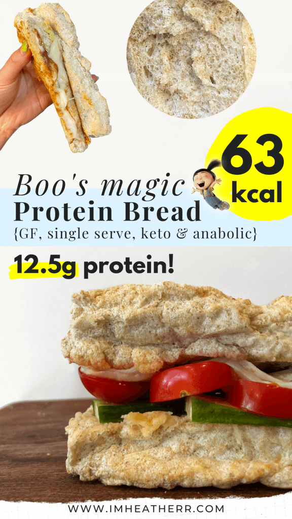 Close up of high protein, low calorie bread made with egg whites, psyllium husk, cream of tartar and protein powder. Pictured as toasted sandwich bread; Pinterest Graphic